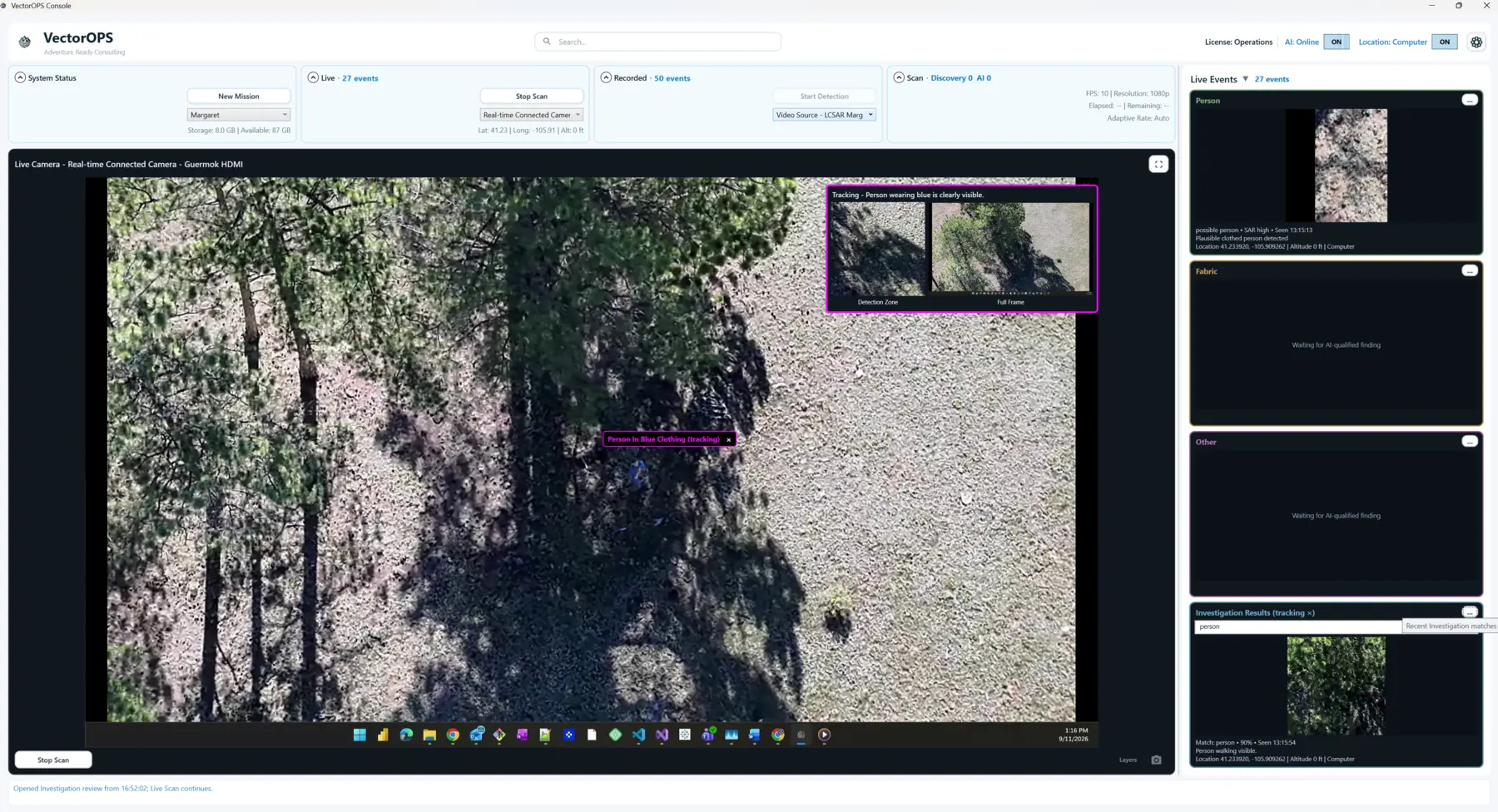VectorOPS live tracking showing a focused person detection